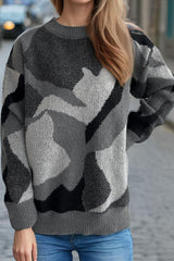 Contrast Round Neck Long Sleeve Sweater - Trendsi