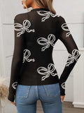 Printed Mock Neck Long Sleeve Mesh T-Shirt - Trendsi - Flyclothing LLC