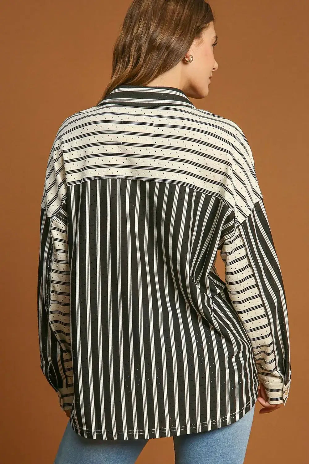 Umgee Full Size Pointelle Stripped Half Button Collared Neck Top Plus Size - Trendsi - Flyclothing LLC