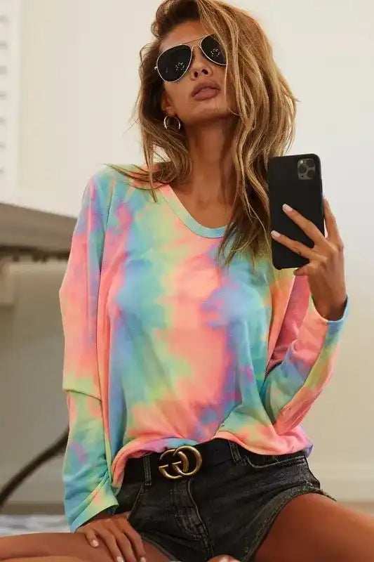BiBi Tie Dye French Terry Long Sleeve Knit Top - Trendsi - Flyclothing LLC