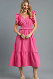 Umgee V-Neck Ruffled Cap Sleeve Midi Dress - Trendsi