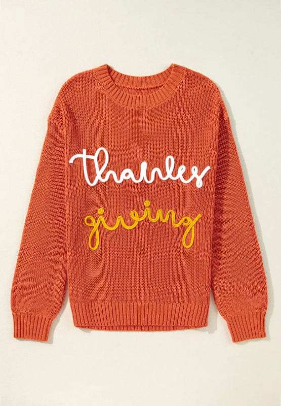 THANKS GIVING Round Neck Long Sleeve Sweater - Trendsi - Flyclothing LLC