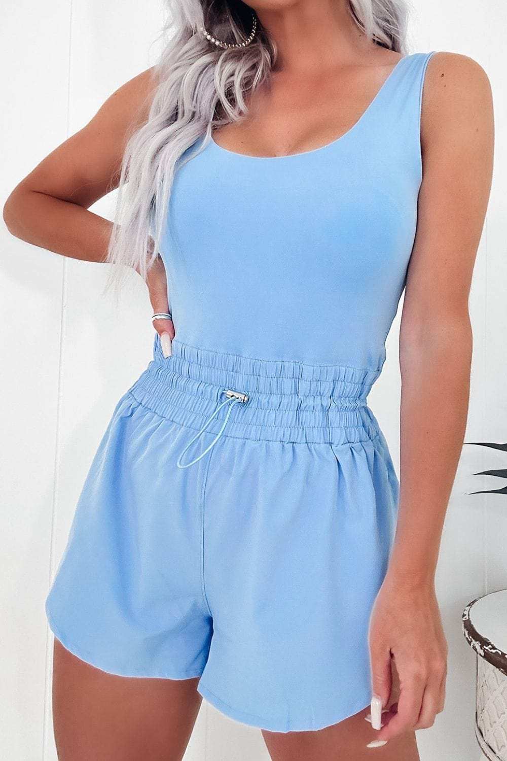 Drawstring Waist Scoop Neck Romper - Trendsi - Flyclothing LLC