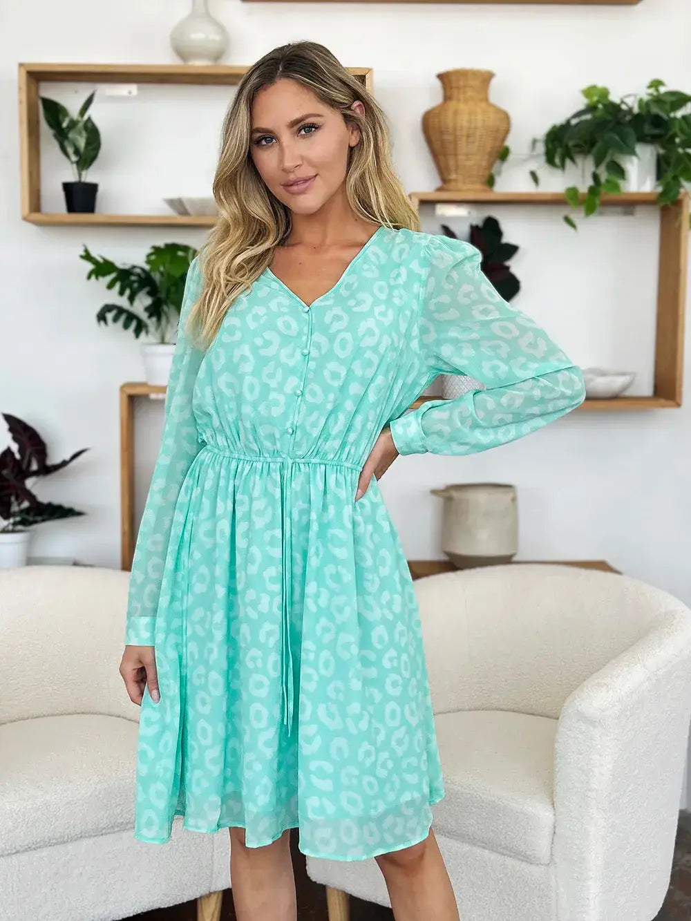 Double Take Full Size Printed Ruched V-Neck Long Sleeve Dress - Trendsi - Flyclothing LLC