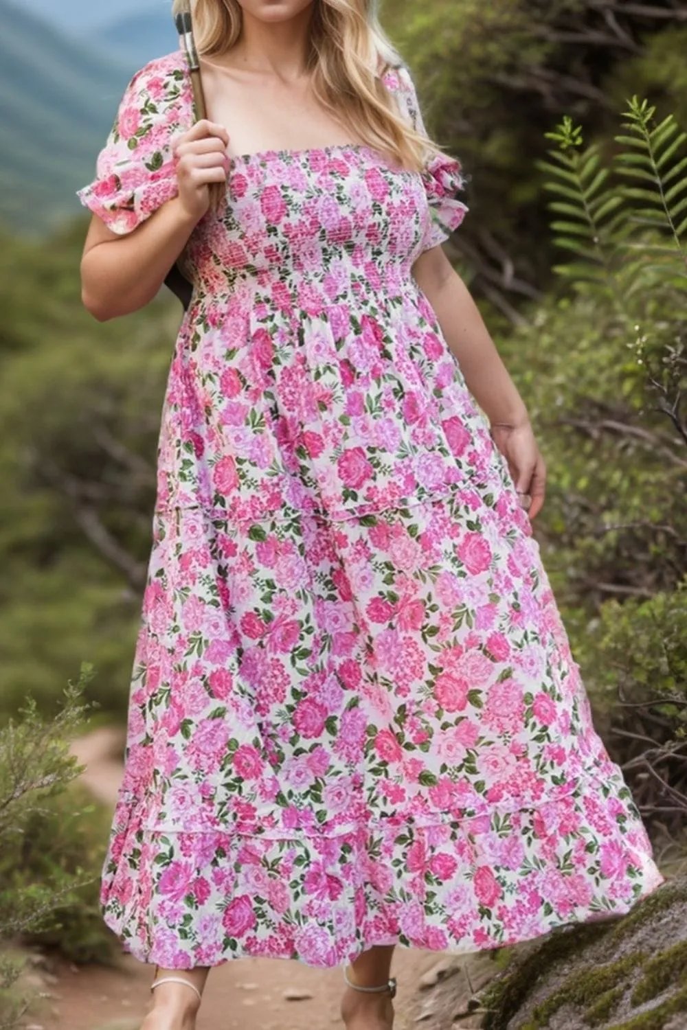 Plus Size Smocked Printed Square Neck Short Sleeve Dress - Trendsi