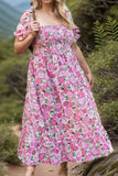 Plus Size Smocked Printed Square Neck Short Sleeve Dress - Trendsi
