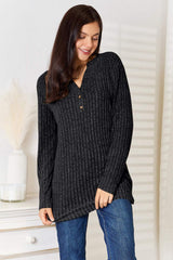 Double Take Notched Neck Ribbed Long Sleeve T-Shirt - Trendsi - Flyclothing LLC