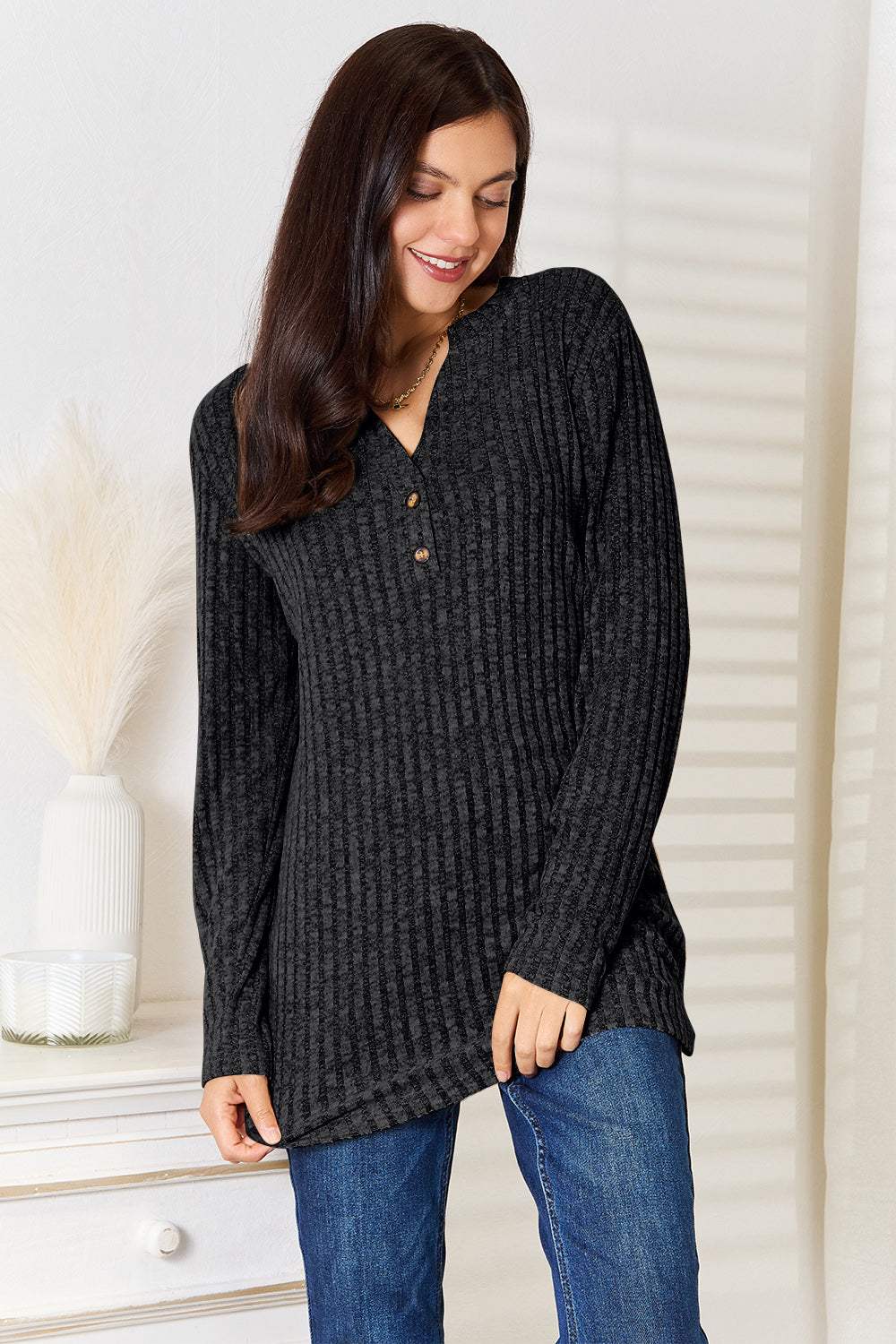 Double Take Notched Neck Ribbed Long Sleeve T-Shirt - Trendsi - Flyclothing LLC