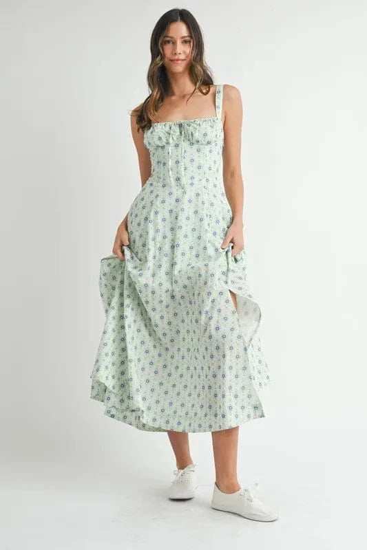 MABLE Floral Print Bustier Back Lace Up Midi Dress - Trendsi - Flyclothing LLC