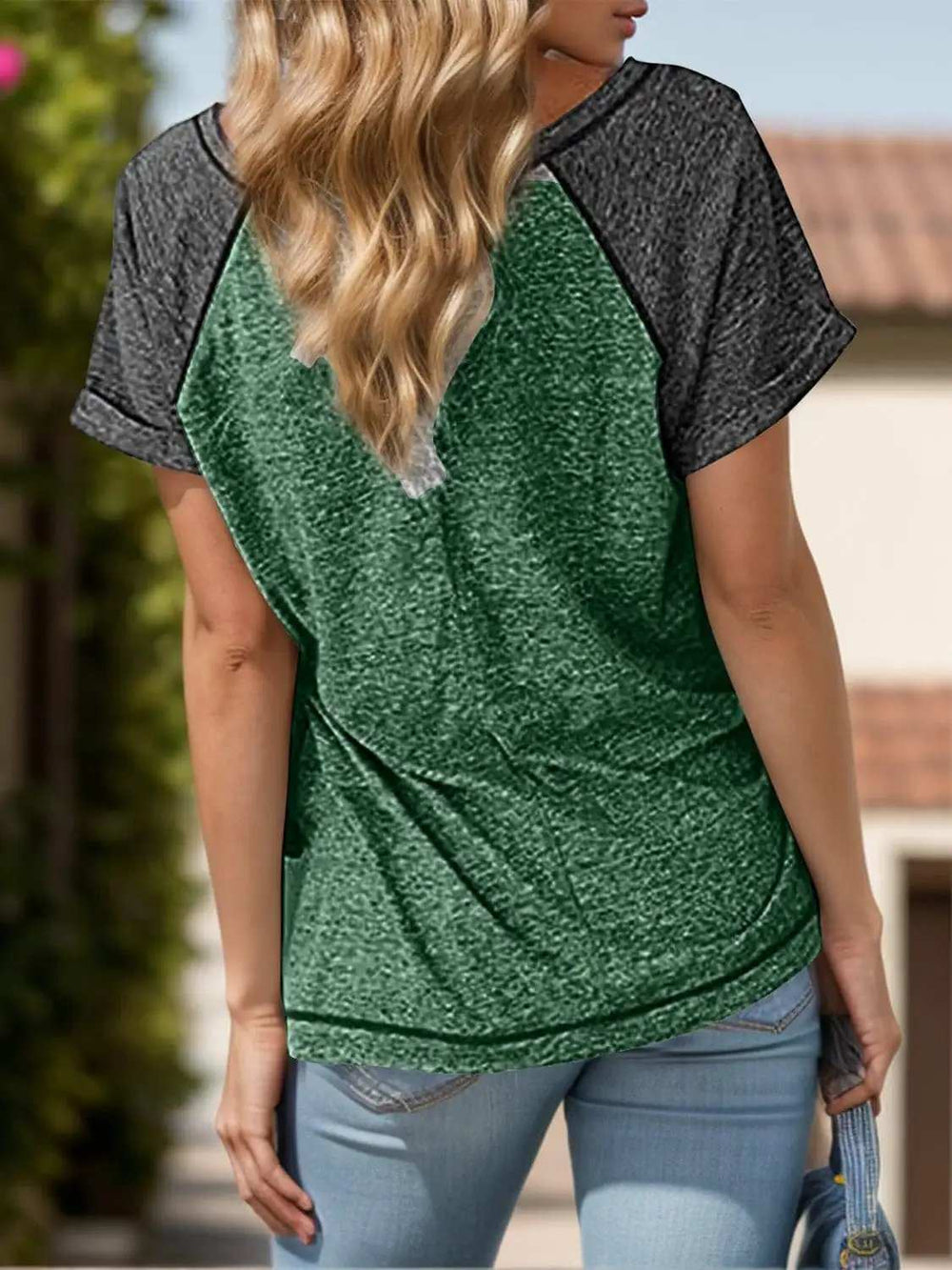 Contrast Notched Short Sleeve T-Shirt - Trendsi - Flyclothing LLC