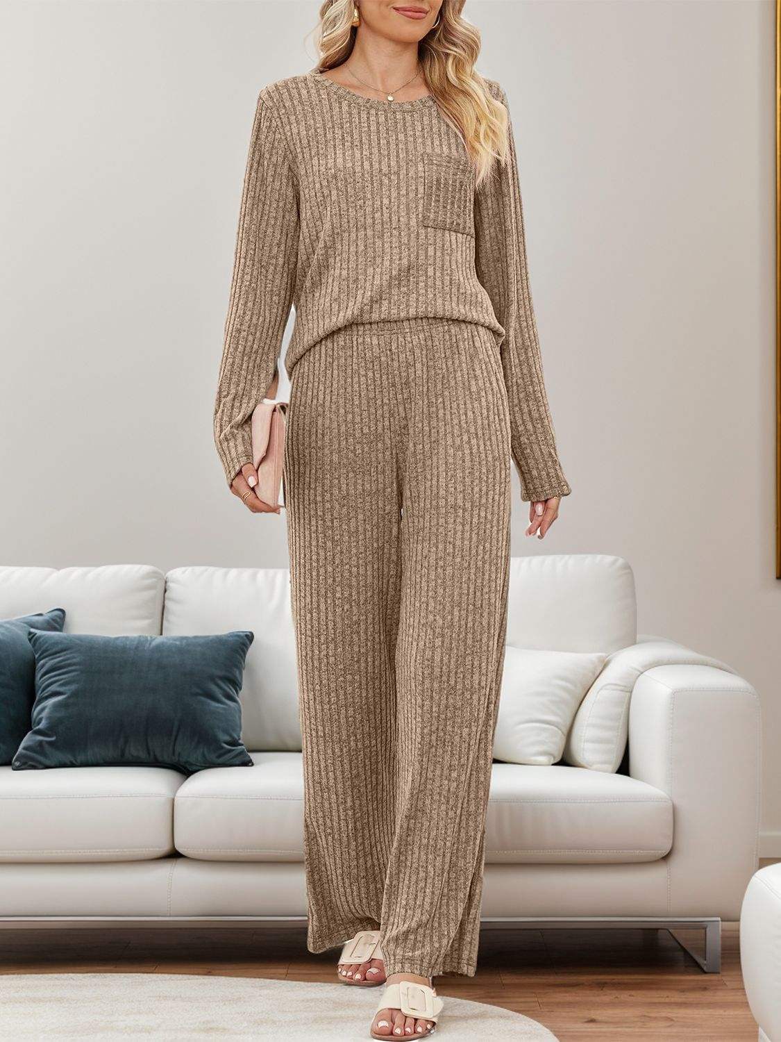 Round Neck Long Sleeve Top and Pants Set - Trendsi - Flyclothing LLC