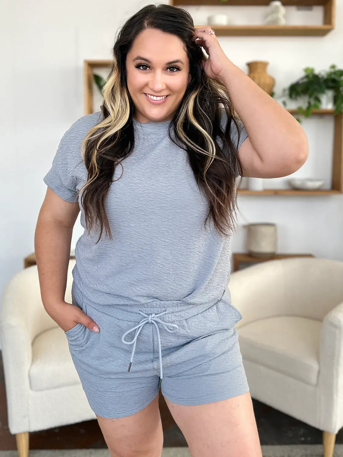 Double Take Full Size Texture Short Sleeve T-Shirt and Drawstring Shorts Set - Trendsi - Flyclothing LLC