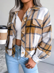 Plaid Collared Neck Long Sleeve Jacket - Trendsi