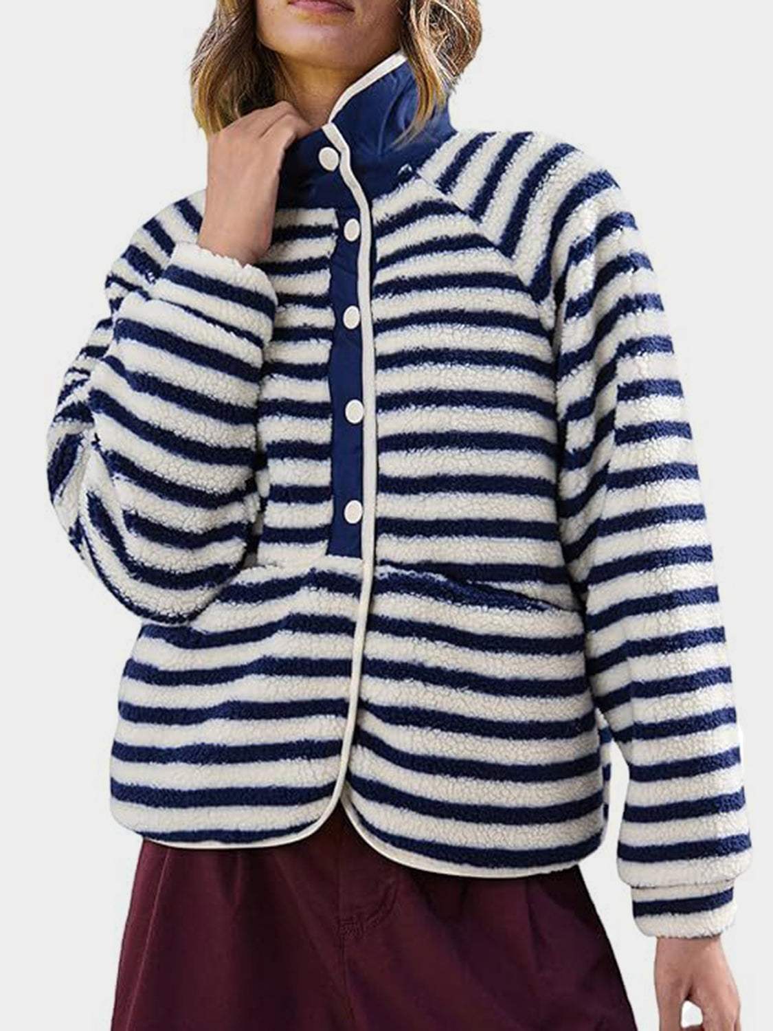 Pocketed Half Snap Sherpa Jacket - Trendsi - Flyclothing LLC