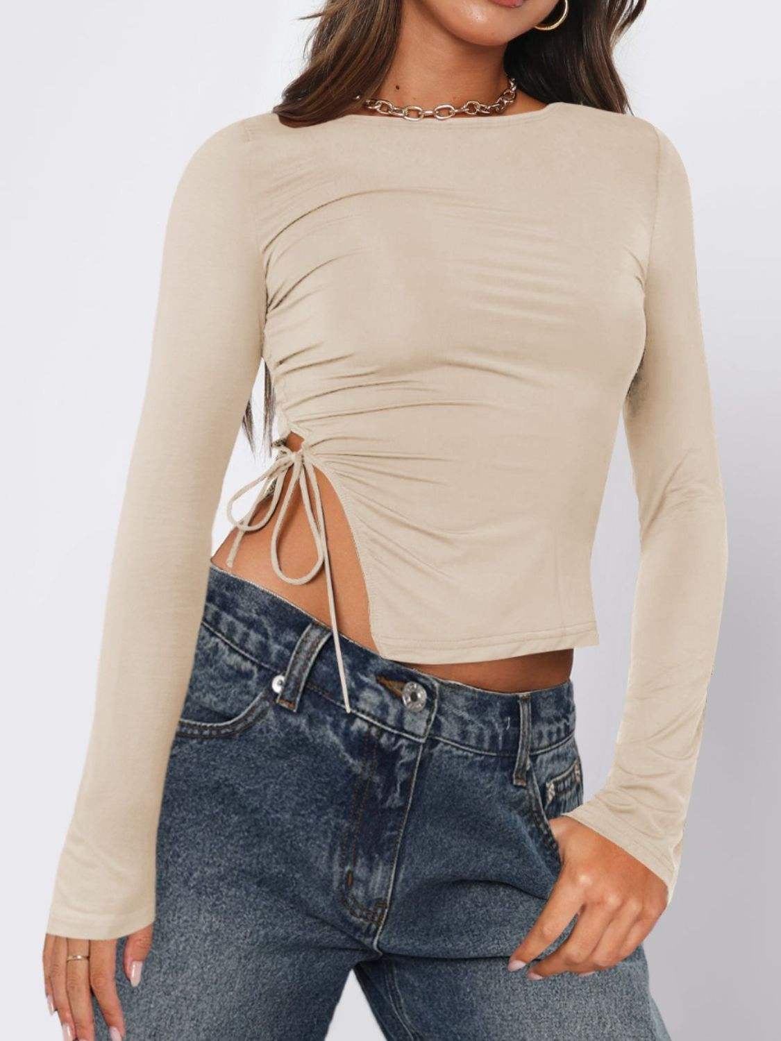 Tied Slit Round Neck Long Sleeve T-Shirt - Trendsi - Flyclothing LLC