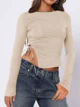 Tied Slit Round Neck Long Sleeve T-Shirt - Trendsi - Flyclothing LLC