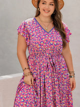 Plus Size Printed V-Neck Flutter Sleeve Tie Waist Maxi Dress - Trendsi - Flyclothing LLC