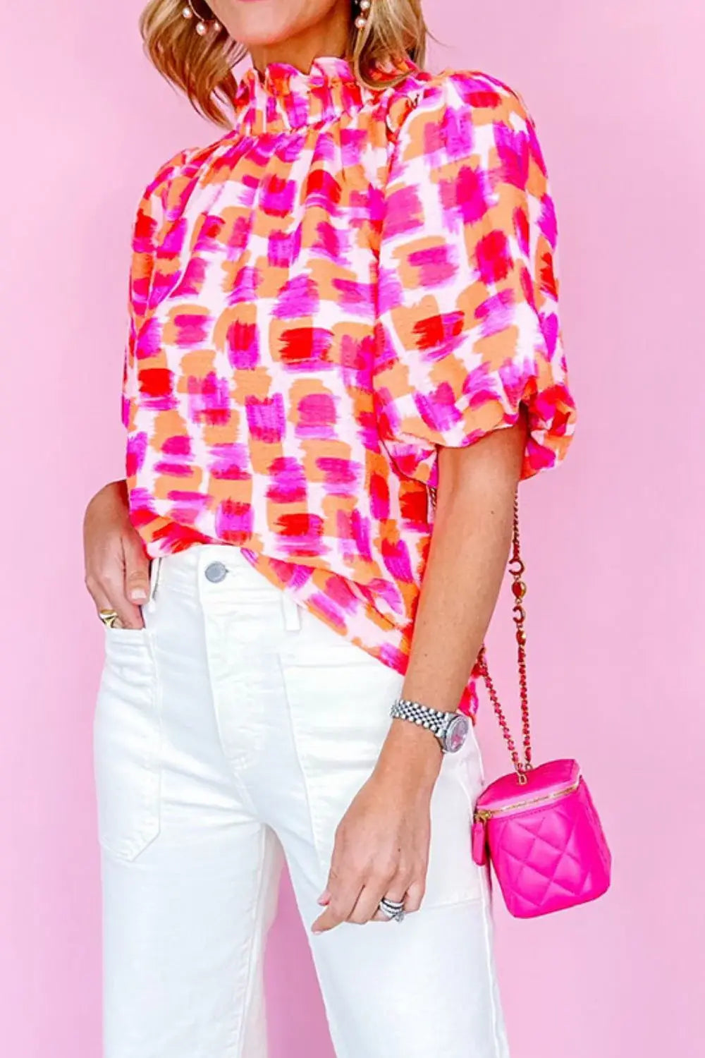 Abstract Print Button Back Ruffed Mock Neck Blouse - Trendsi - Flyclothing LLC