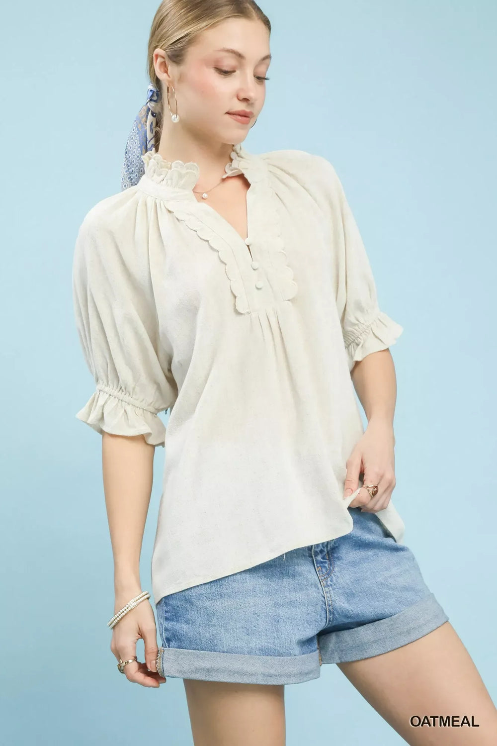 Umgee Linen Scalloped Ruffle Neck Blouse - Trendsi - Flyclothing LLC