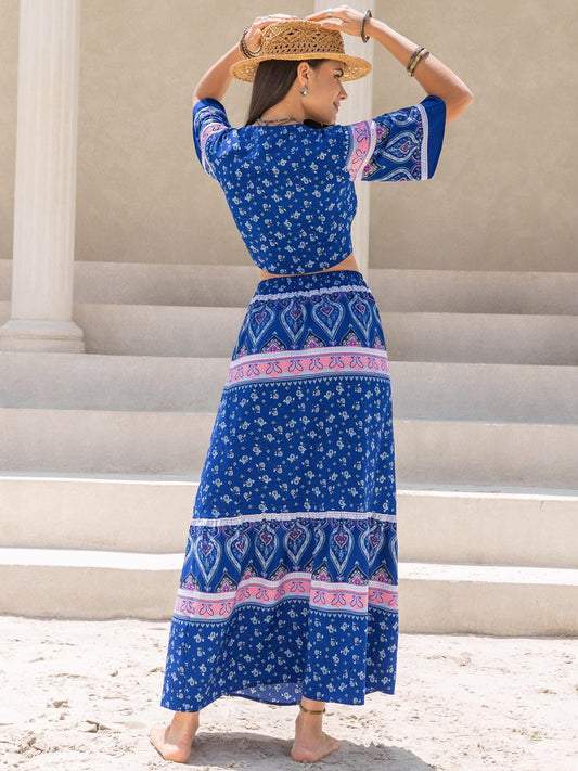 Printed Flutter Sleeve Top and Skirt Set - Trendsi