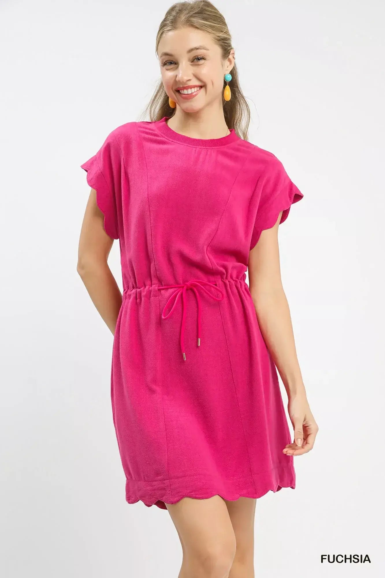 Umgee Linen Blend Scallop Hem Mini Dress - Trendsi - Flyclothing LLC