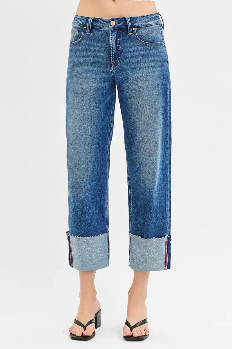 RISEN Full Size Tummy Control Mid Rise Crop Wide Cuffed Jeans Plus Size - Trendsi - Flyclothing LLC