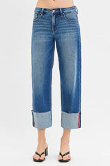 RISEN Full Size Tummy Control Mid Rise Crop Wide Cuffed Jeans Plus Size - Trendsi - Flyclothing LLC