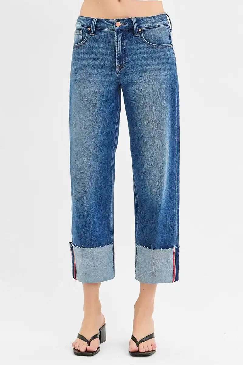 RISEN Full Size Tummy Control Mid Rise Crop Wide Cuffed Jeans Plus Size - Trendsi - Flyclothing LLC