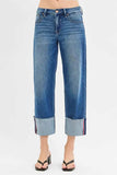 RISEN Full Size Tummy Control Mid Rise Crop Wide Cuffed Jeans Plus Size - Trendsi - Flyclothing LLC