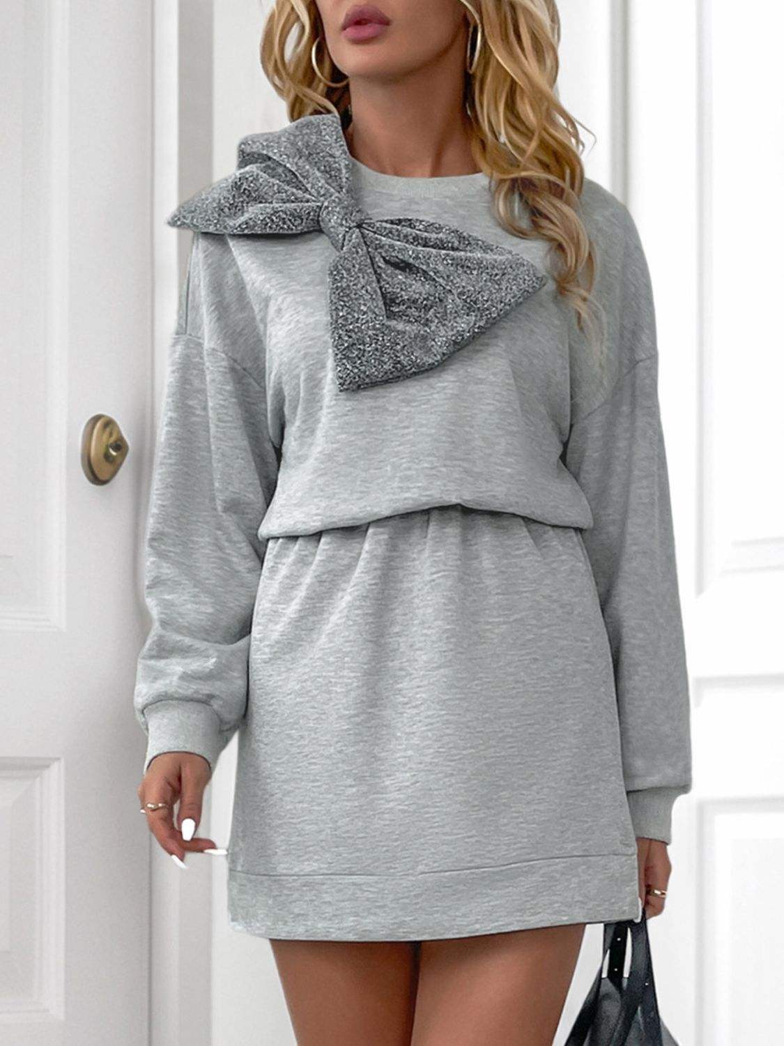 Perfee Bow Dropped Shoulder Long Sleeve Mini Dress - Trendsi - Flyclothing LLC