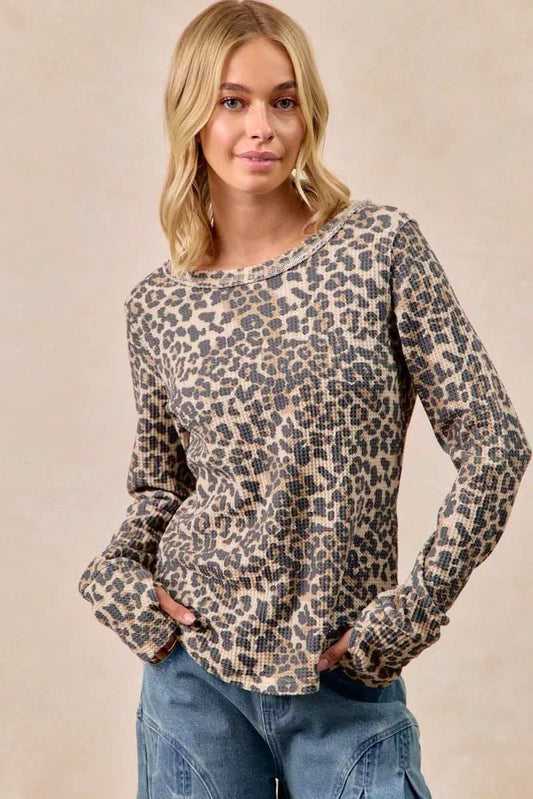 BiBi Leopard Print Washed Waffle Thermal Top with Thumb - Trendsi - Flyclothing LLC