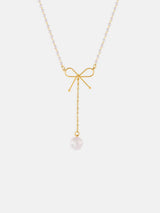 Stainless Steel Bow Pendant Necklace with Pearls - Trendsi - Flyclothing LLC