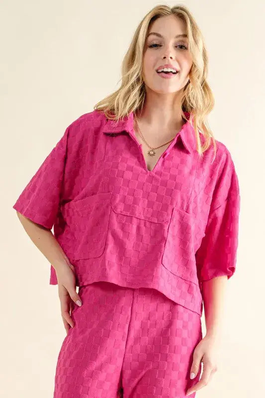 And The Why Brushed Texture Checker Board Pattern Casual Top - Trendsi - Flyclothing LLC