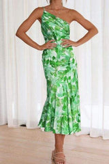 Ruched Printed Single Shoulder Midi Dress - Trendsi - Flyclothing LLC