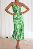 Ruched Printed Single Shoulder Midi Dress - Trendsi