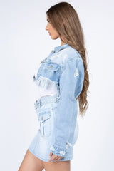 American Bazi Distressed Denim Jacket with Frayed Hem - Trendsi