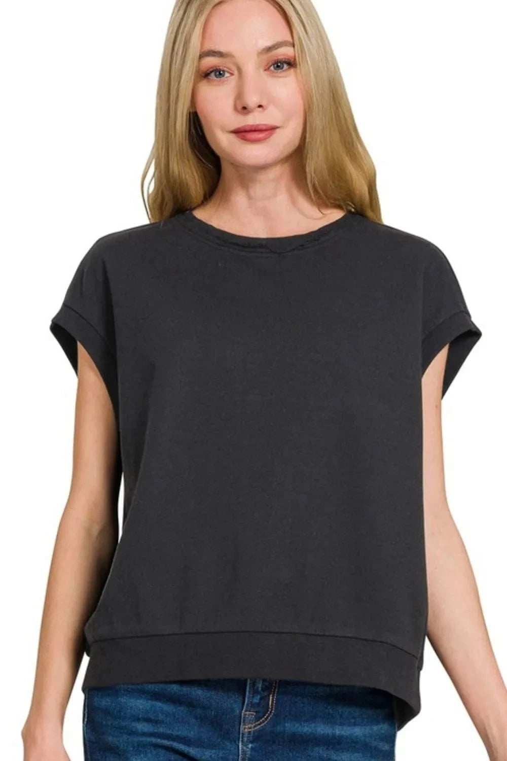 Zenana French Terry Round Neck Cap Sleeve T-Shirt - Trendsi - Flyclothing LLC