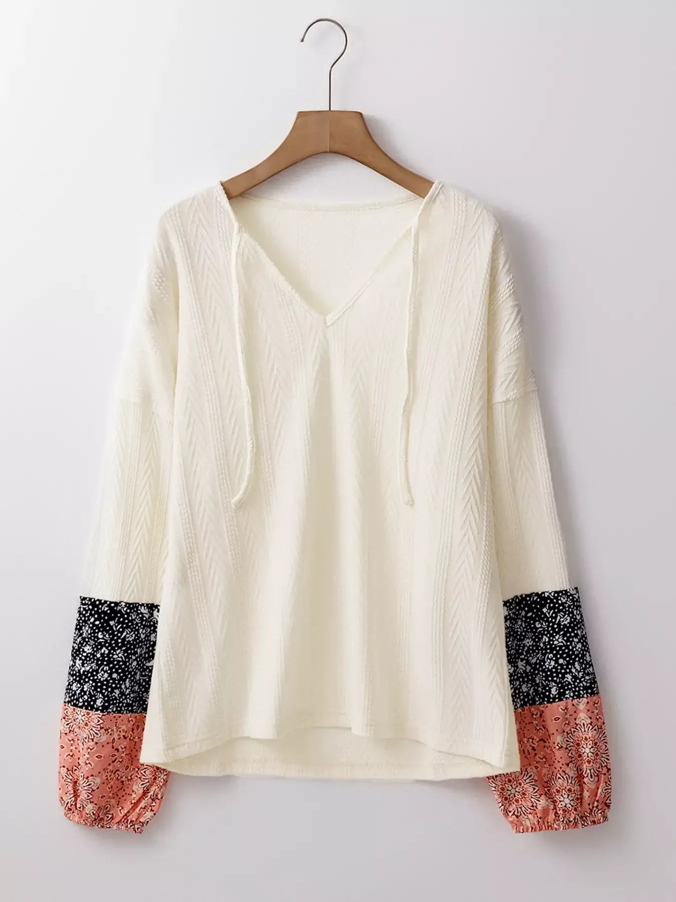 Floral Patchwork Textured Knit Drawstring V Neck Blouse - Trendsi - Flyclothing LLC