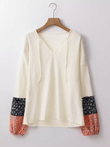 Floral Patchwork Textured Knit Drawstring V Neck Blouse - Trendsi - Flyclothing LLC