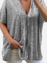 Full Size Sequin V-Neck Short Sleeve Top - Trendsi - Flyclothing LLC