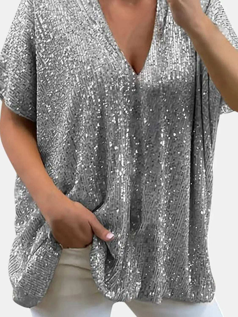 Full Size Sequin V-Neck Short Sleeve Top - Trendsi - Flyclothing LLC