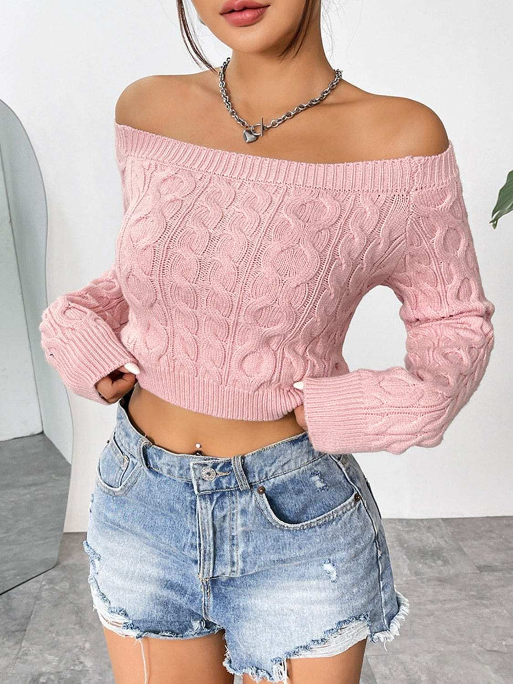 Cable-Knit Off-Shoulder Long Sleeve Knit Top - Trendsi - Flyclothing LLC