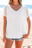 Lace Crochet Textured Button Back V Neck T Shirt - Trendsi