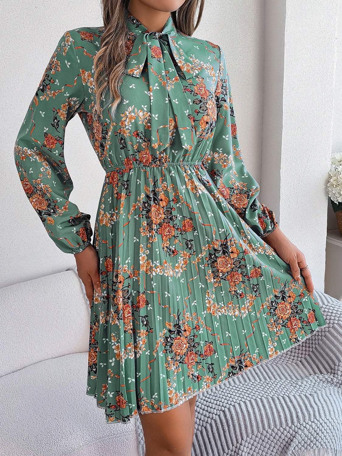 Pleated Printed Tie Neck Long Sleeve Dress - Trendsi - Flyclothing LLC