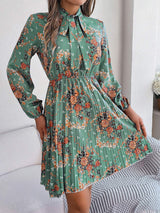 Pleated Printed Tie Neck Long Sleeve Dress - Trendsi - Flyclothing LLC