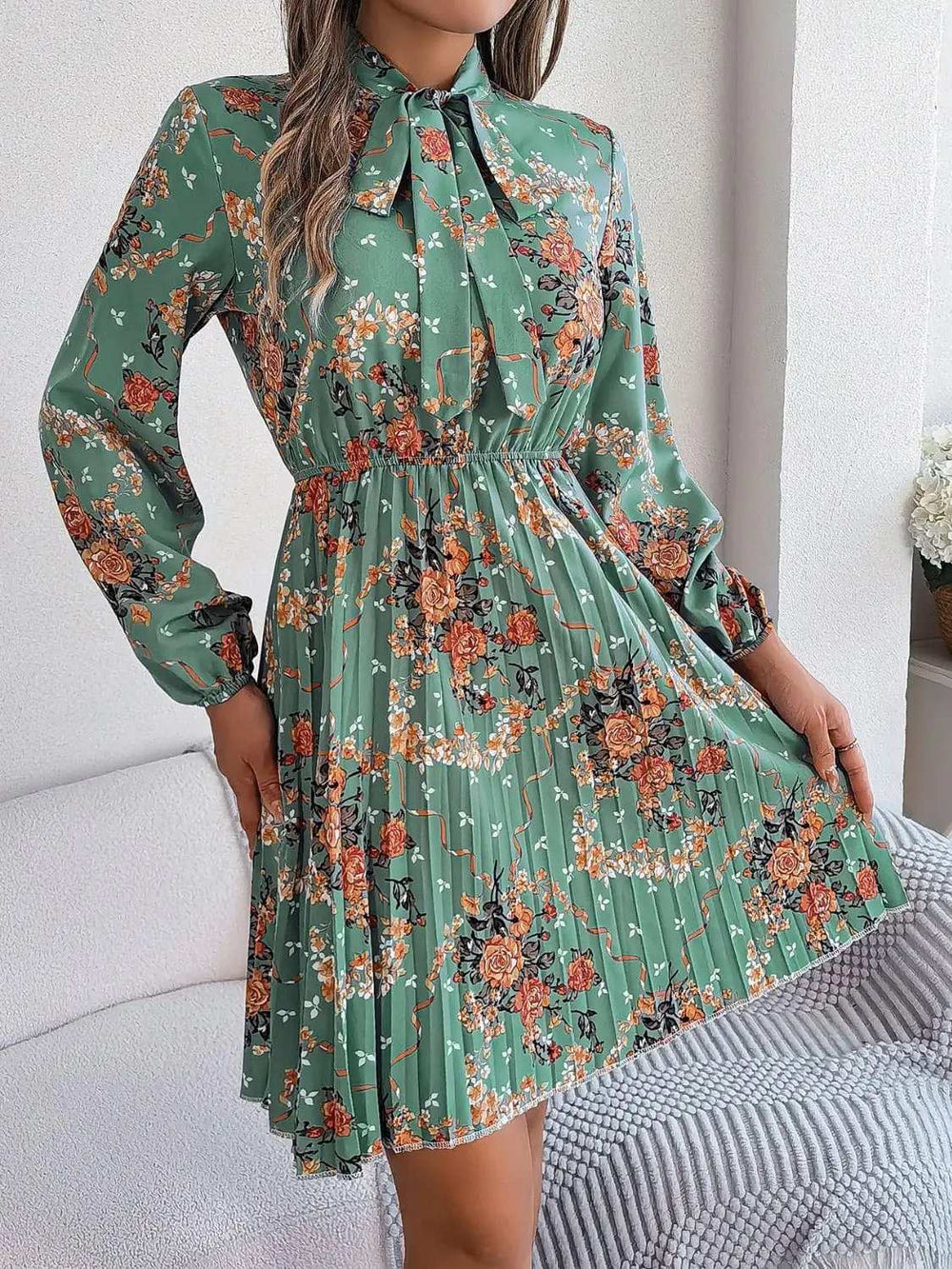 Pleated Printed Tie Neck Long Sleeve Dress - Trendsi - Flyclothing LLC