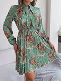 Pleated Printed Tie Neck Long Sleeve Dress - Trendsi - Flyclothing LLC