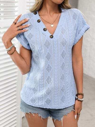Openwork V-Neck Short Sleeve T-Shirt - Trendsi - Flyclothing LLC