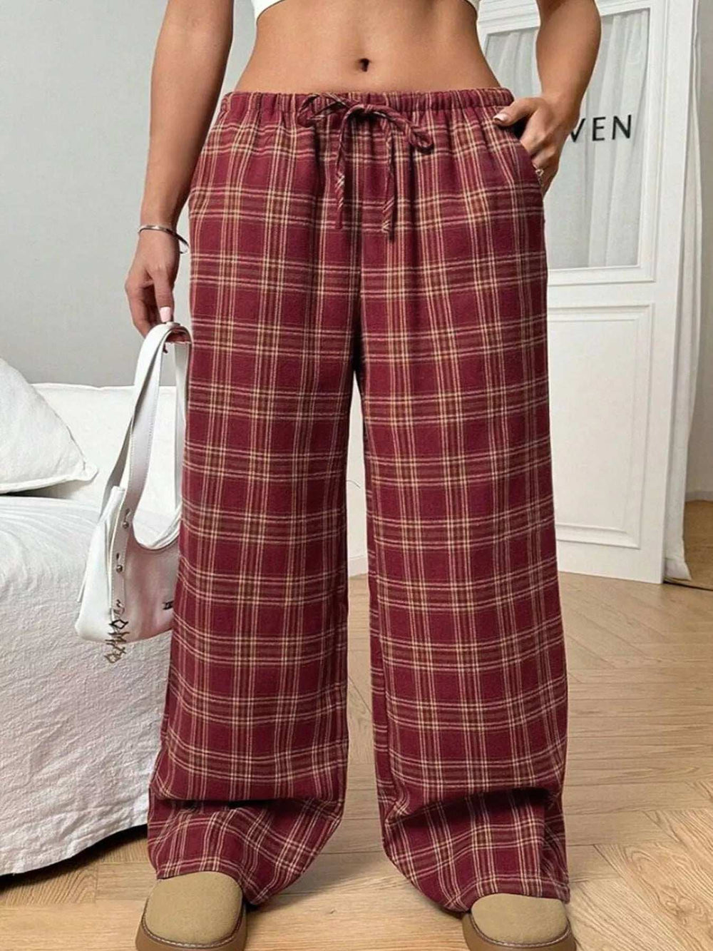 Plaid Drawstring Wide Leg Pants - Trendsi - Flyclothing LLC