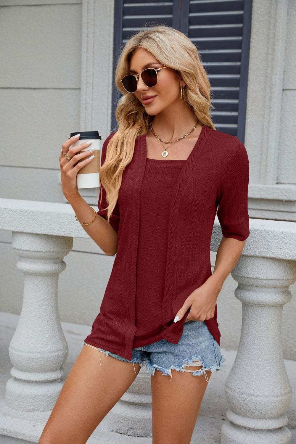 Texture Square Neck Short Sleeve Blouse - Trendsi - Flyclothing LLC